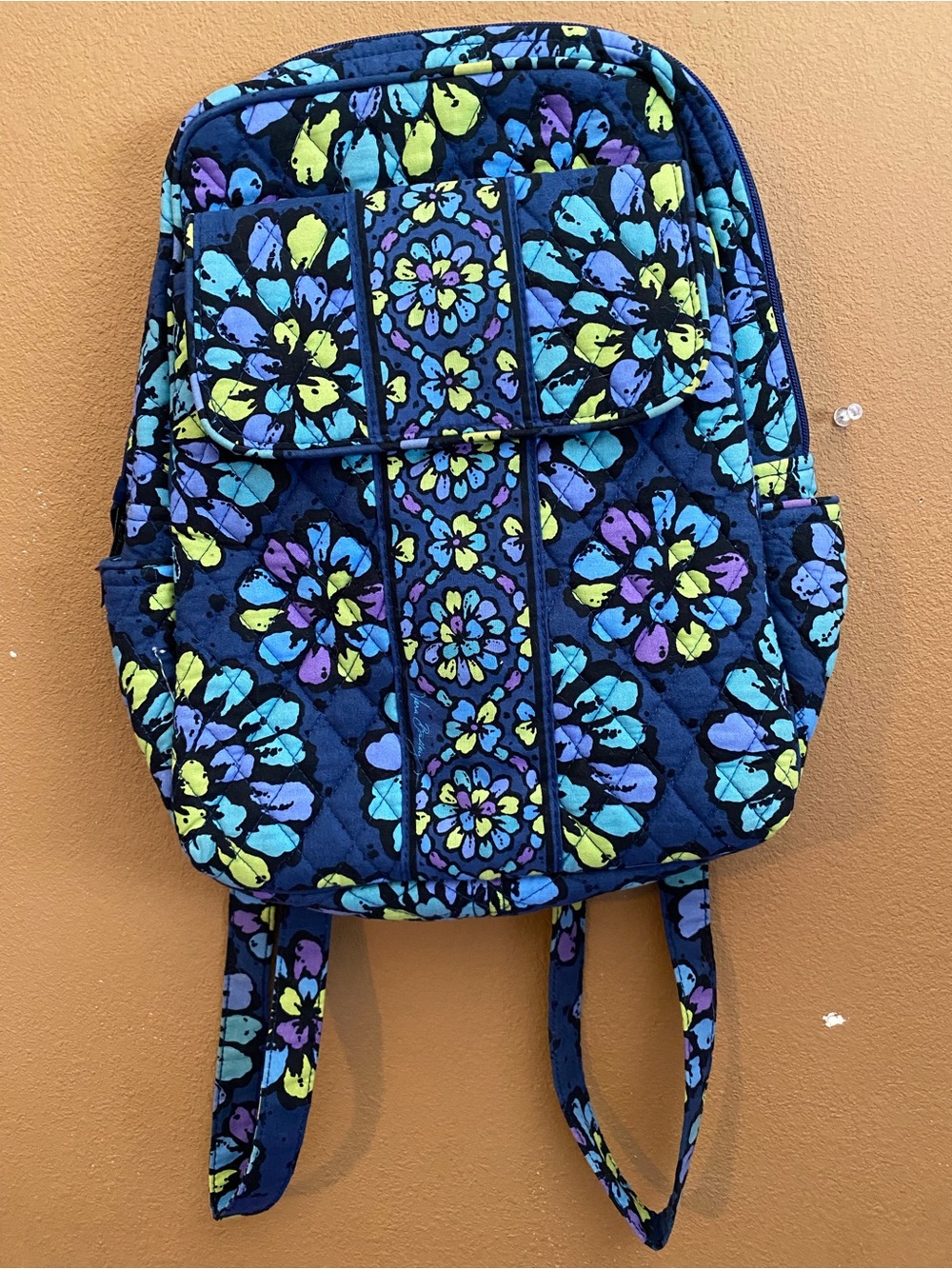 Vera Bradley Navy Quilted Backpack with Yellow, Blue & Purple Floral Print